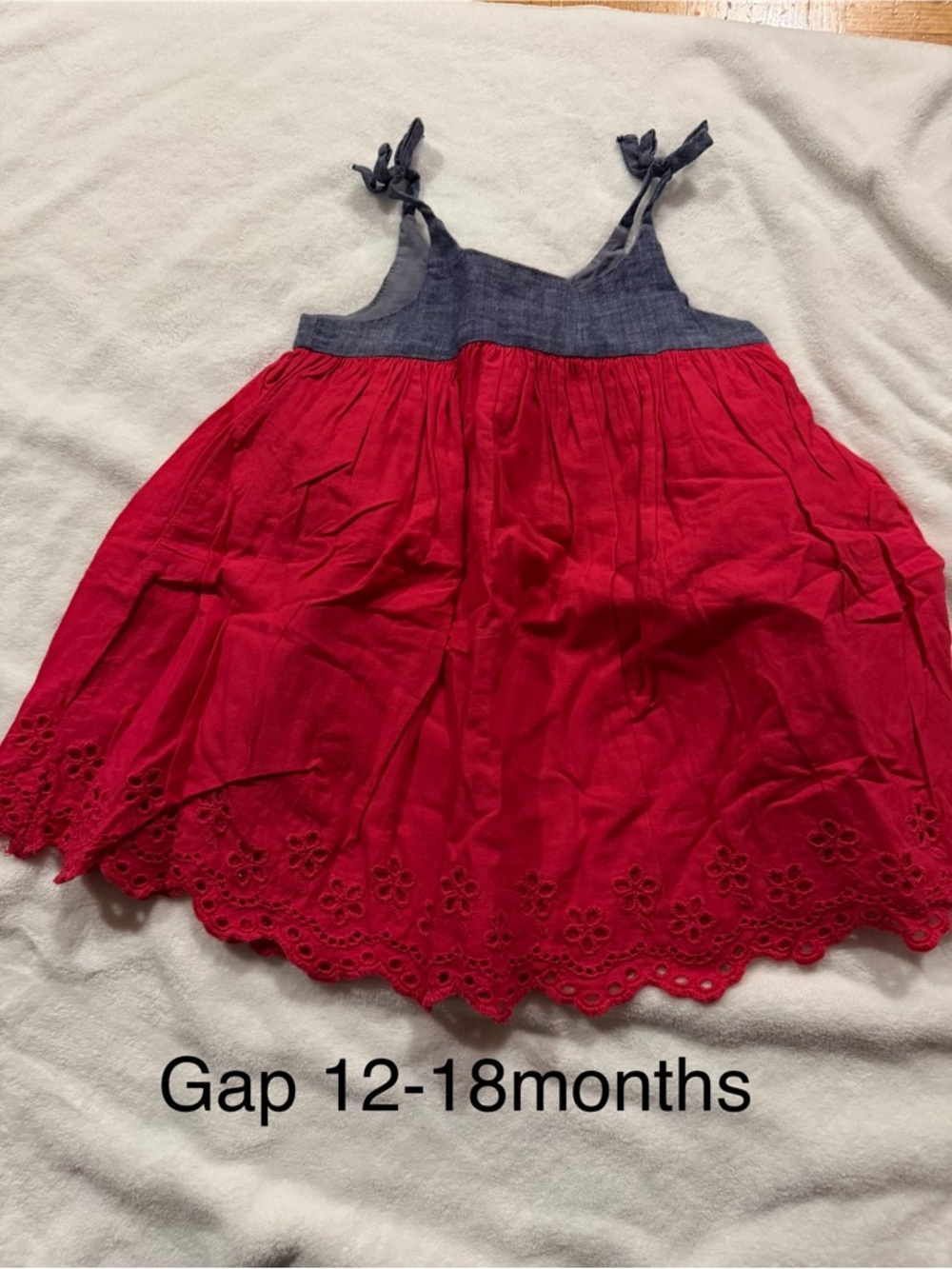 GAP Red and Denim Tie-Shoulder Eyelet Dress